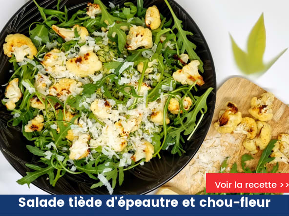 Salade tiède d'Ebly au pesto de roquette et chou fleur grillé